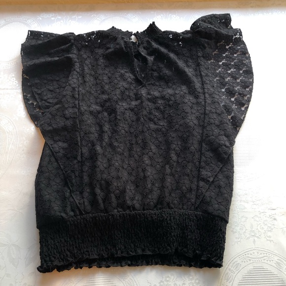 CeCe Black Laced High-Neck Peplum Top Women’s Size M Short Flare Sleeves Lining - Picture 15 of 16